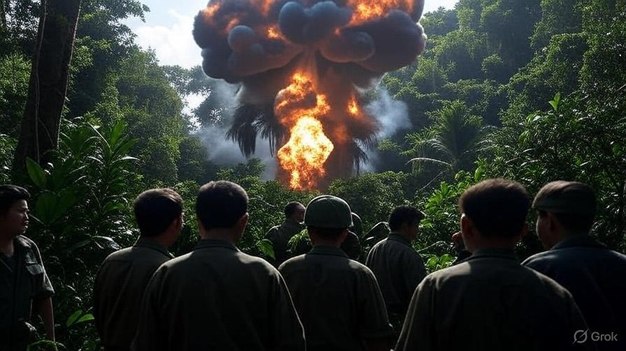 Eine Explosion im Dschungel. Noch halten die Protagonisten diese für Special-Effects des Filmteams.