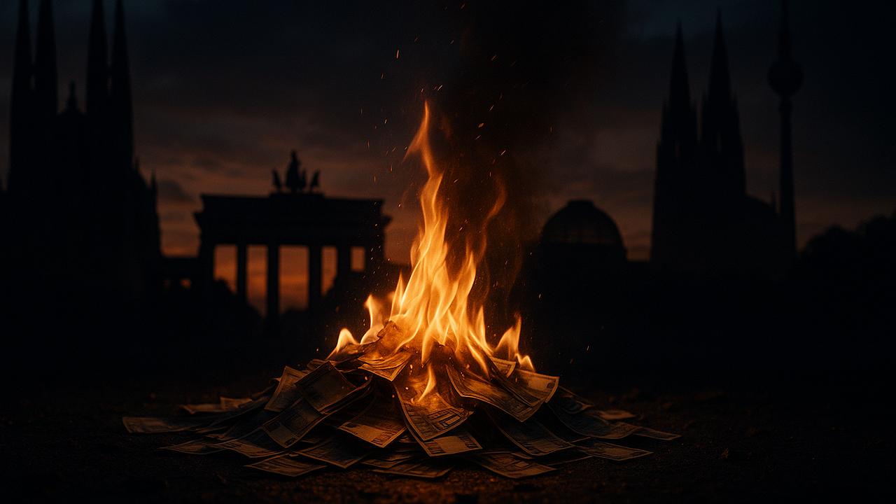 Ein düsteres Bild eines brennenden Geldscheinhaufens vor einer Silhouette von spanischen und deutschen Wahrzeichen, Symbol für hohe Staatsverschuldung und finanzielle Belastung, stimmungsvolle Abenddämmerung