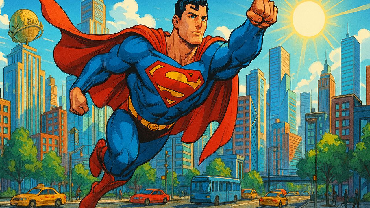 Dynamische Darstellung von Superman im farbenfrohen Metropolis, mit modernen urbanen Elementen und symbolischer Hoffnung im Vordergrund, helles Tageslicht.
