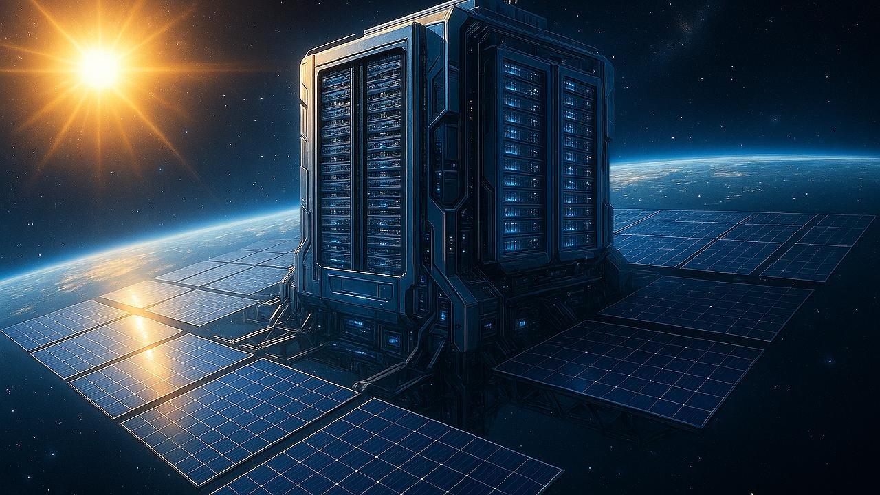 Futuristische Darstellung eines gigawattgroßen Rechenzentrums im Weltraum mit Solarzellen, umgeben von Sternen und Erde im Hintergrund, strahlende Sonnenenergie als Energiequelle, fortschrittliche Technologie und Innovation symbolisierend