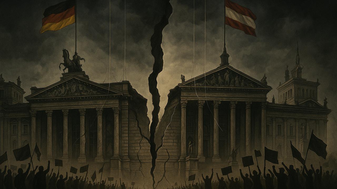 Ein symbolisches Bild eines gespaltenen Staatsgebäudes, das die Spannungen zwischen verschiedenen politischen Kräften in Deutschland und Österreich darstellt, mit Elementen wie staatlichen Gebäuden, Demonstrationen und unsichtbaren Fäden, die Machtstruktur