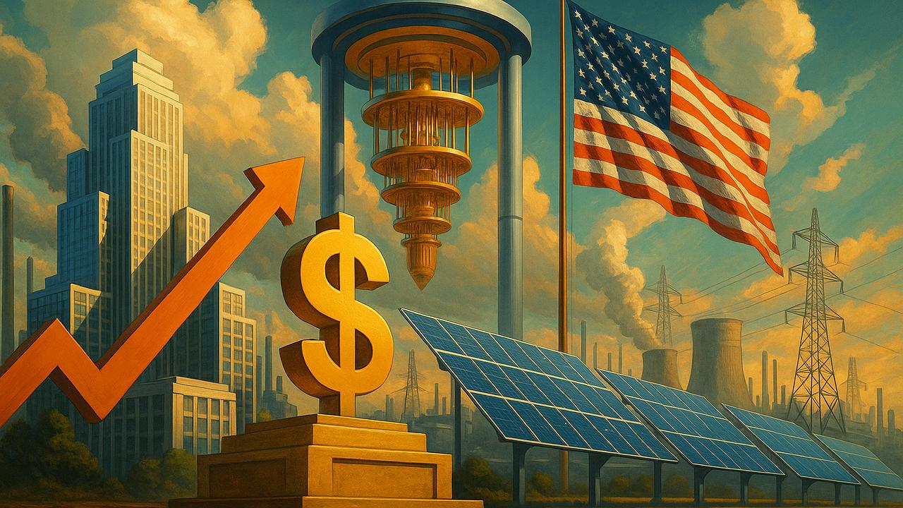 Ein symbolträchtiges Bild einer amerikanischen Industrielandschaft mit futuristischen Elementen wie Quantencomputern und Solaranlagen im Hintergrund, kombiniert mit einem Finanzzentrum im Vordergrund, das Wachstum und Sicherheit ausstrahlt.