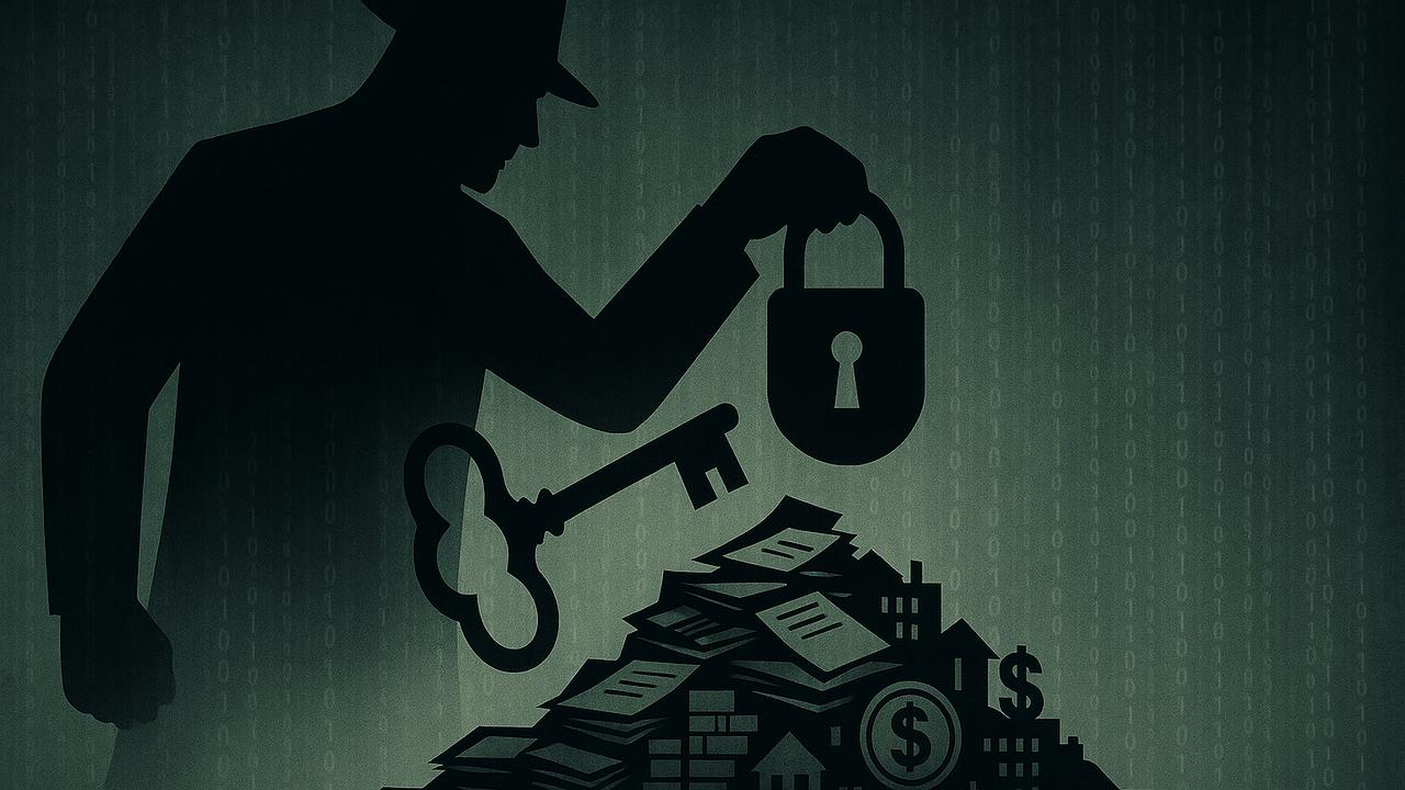 Ein symbolisches Bild eines großen, überwachenden Staates als dunkle Silhouette, die mit einem mächtigen Schlüssel ein großes Schloss über einem Berg von Dokumenten und Vermögenswerten hält, dargestellt in düsterer, bedrohlicher Atmosphäre, mit digitaler M