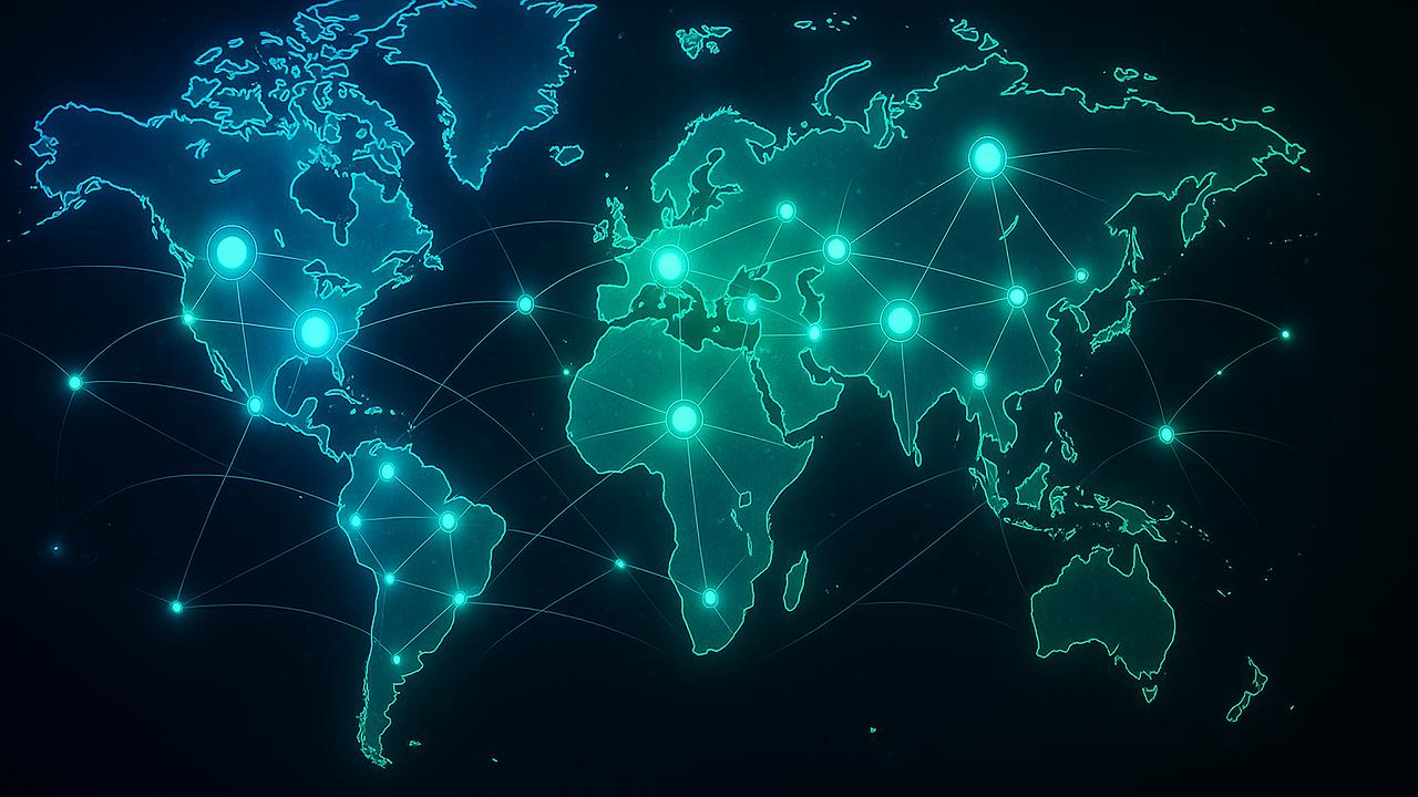 Ein symbolträchtiges Bild einer digitalen Weltkarte mit vernetzten Knotenpunkten, die Dezentralisierung und individuelle Freiheit symbolisieren, in einem futuristischen Stil mit leuchtenden blauen und grünen Farben, 16:9, Querformat, ohne Text/Schrift/Logo