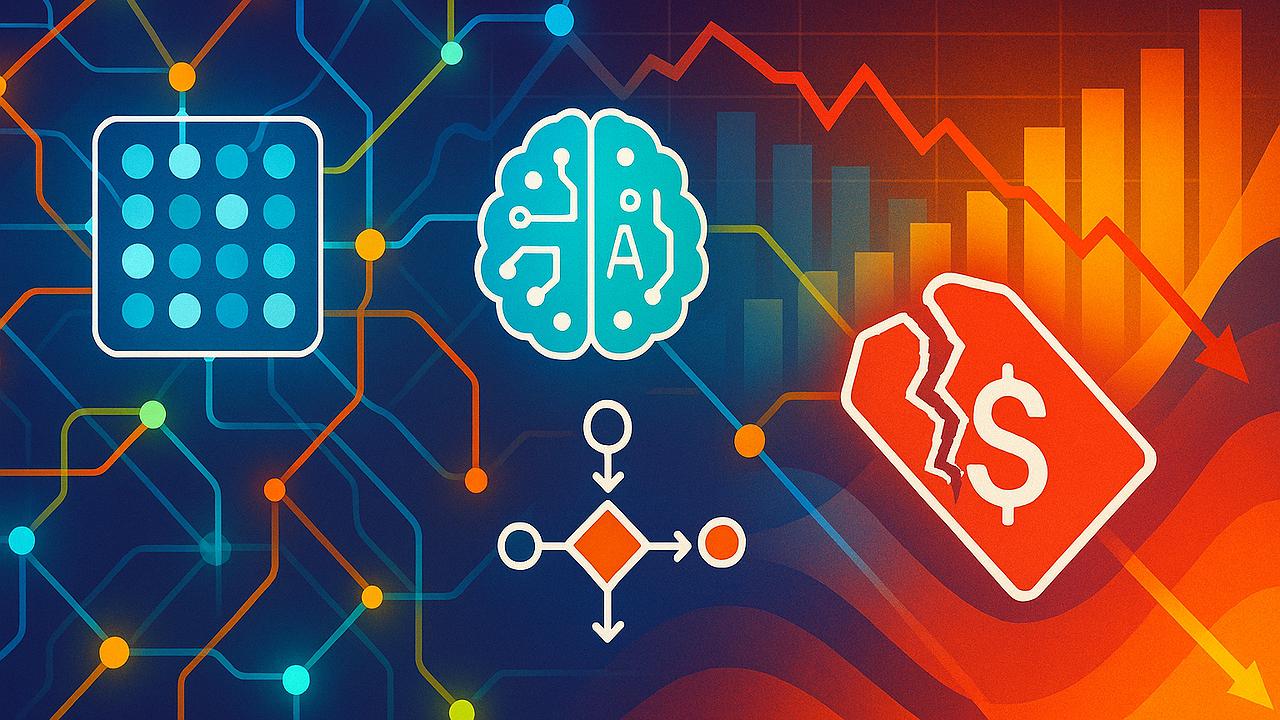 Ein abstraktes digitales Netzwerk mit Symbolen für Big Data, Künstliche Intelligenz und algorithmische Prozesse, im Hintergrund stilisierte stilisierte Wirtschaftsgrafiken und ein zerrissenes Preisschild als Symbol für das Scheitern der zentralen Planwirts