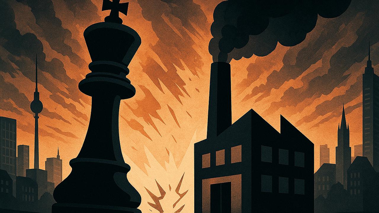 Eine symbolische Darstellung eines wirtschaftlichen Konflikts in einem modernen deutschen Stadtkontext, mit Symbolen für Politik und mittelständische Unternehmen im Mittelpunkt, dramatische und gespannte Stimmung, 16:9, Querformat, ohne Text/Schrift/Logos