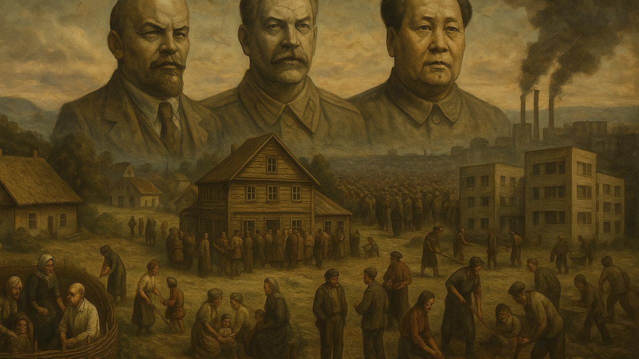 Ein symbolisches Bild, das die verschiedenen gescheiterten sozialistischen Experimente und ihre historischen Ursprünge darstellt, eingebettet in eine Darstellung von kleinen Gemeinschaften und großer Gesellschaft, mit einem historischen und gesellschaftlic