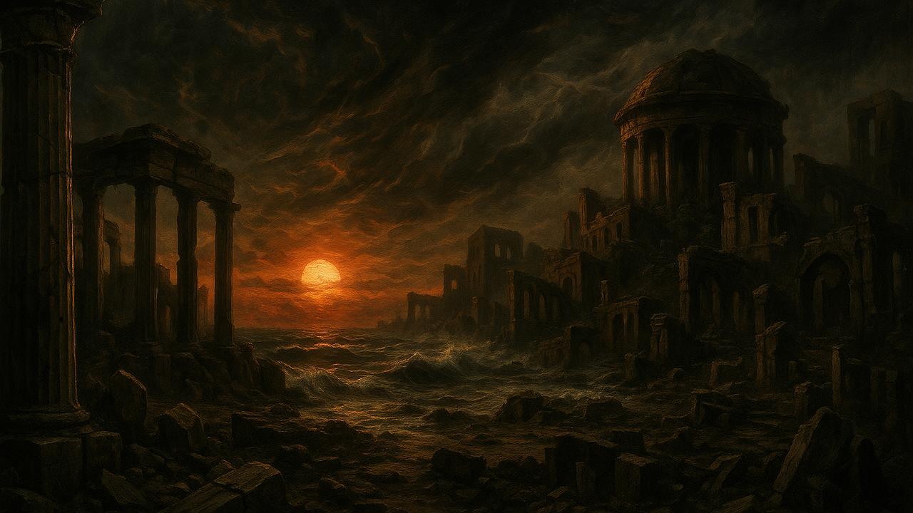 Ein düsteres, symbolträchtiges Bild einer zerfallenden antiken Stadt am Meer mit einer untergehenden Sonne im Hintergrund, die Wellen und Stürme andeutend, 16:9, Querformat, ohne Text/Schrift/Logos.