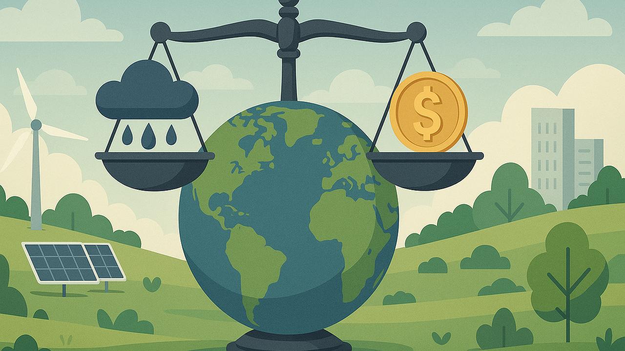 Ein symbolisches Bild eines Globus mit einer Waage, auf der sich Klima und Wohlstand gegenüberstehen, umgeben von technologischen Elementen und grüner Landschaft, ruhige Stimmung, 16:9, Querformat, ohne Text/Schrift/Logos.