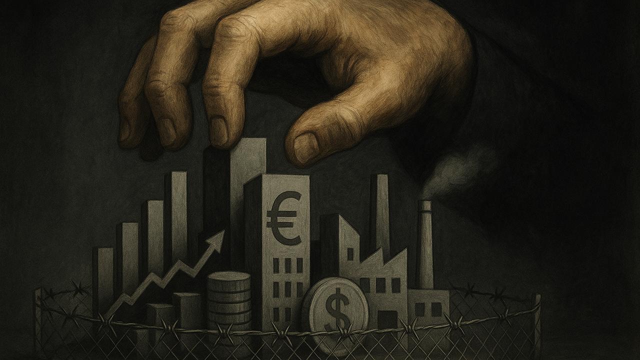 Ein symbolisches Bild einer massiven Hand, die eine kleine abstrakte Stadt aus Wirtschaftselementen kontrolliert und einschränkt, vor einem düsteren Hintergrund; Darstellung von Kontrolle und Einschränkung unter dem Vorwand von Sicherheit; 16:9, Querformat