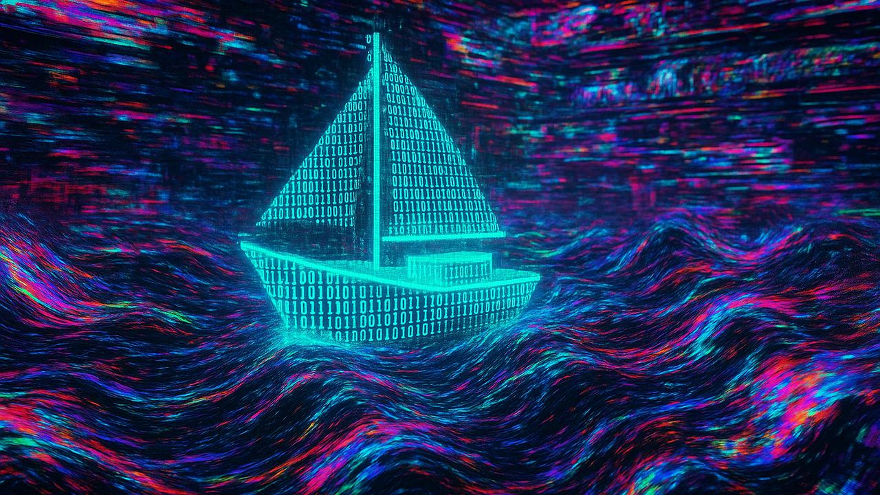 Ein digitales Boot aus Bits und Bytes in einem stürmischen, schrillbunten Informationsmeer, das von Datenströmen und verzerrten digitalen Bildern umgeben ist, symbolisiert den Realitätsverlust durch KI-gestützte Propaganda