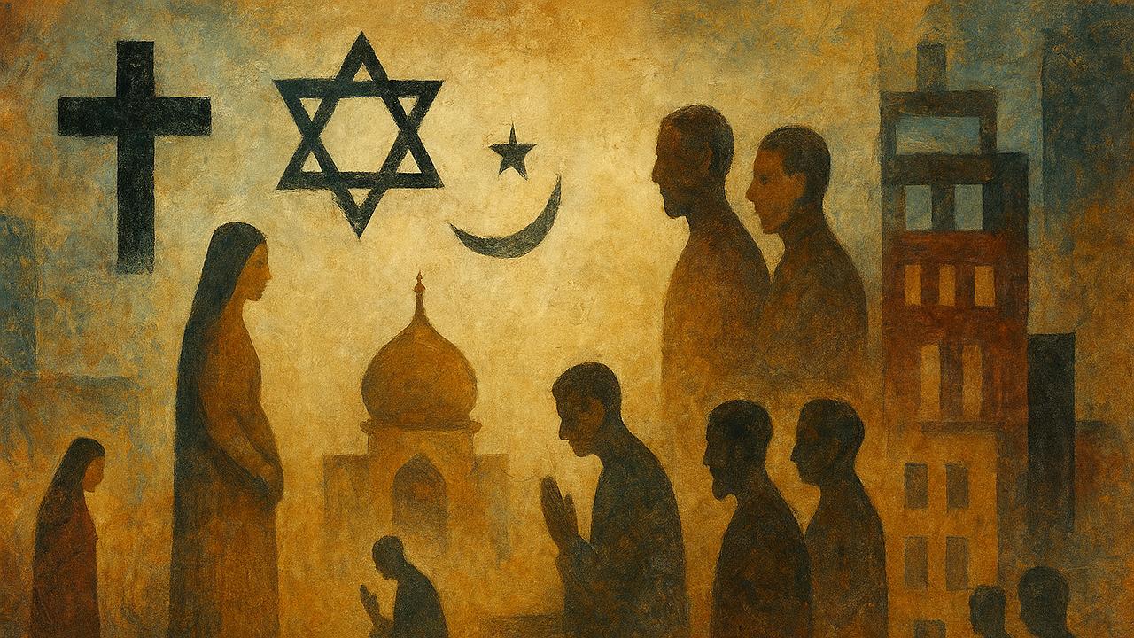 Symbolische Darstellung von Religion und Gesellschaft mit religiösen Symbolen