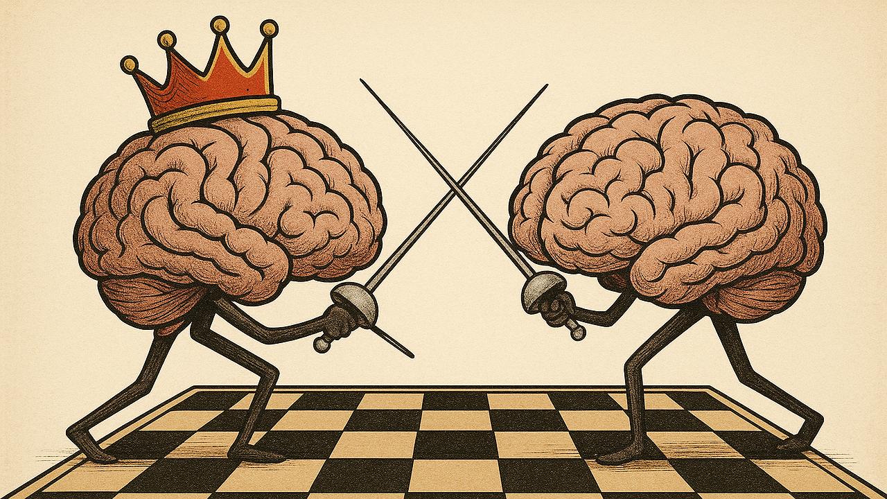Ein Gehirn mit einer roten Krone ficht mit einem anderen Gehirn auf einem Schachbrett