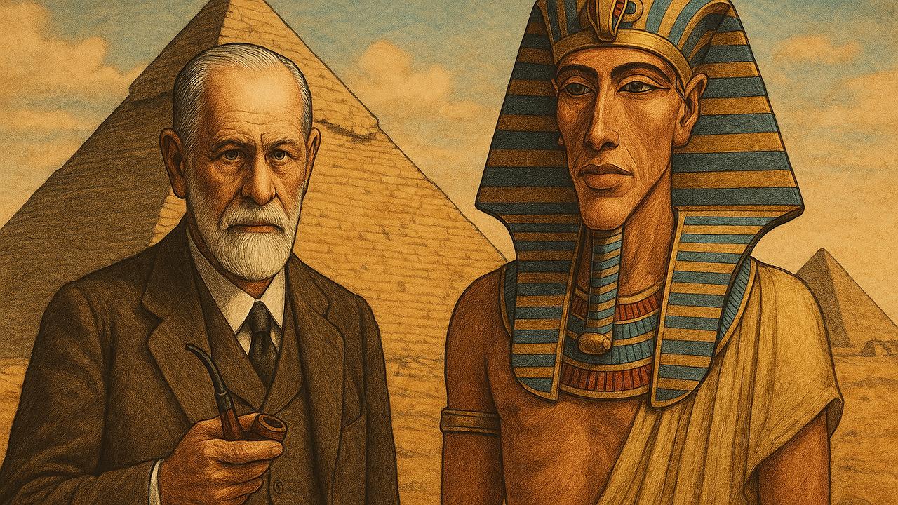 Sigmund Freud und Pharao Echnaton vor ägyptischer Pyramide
