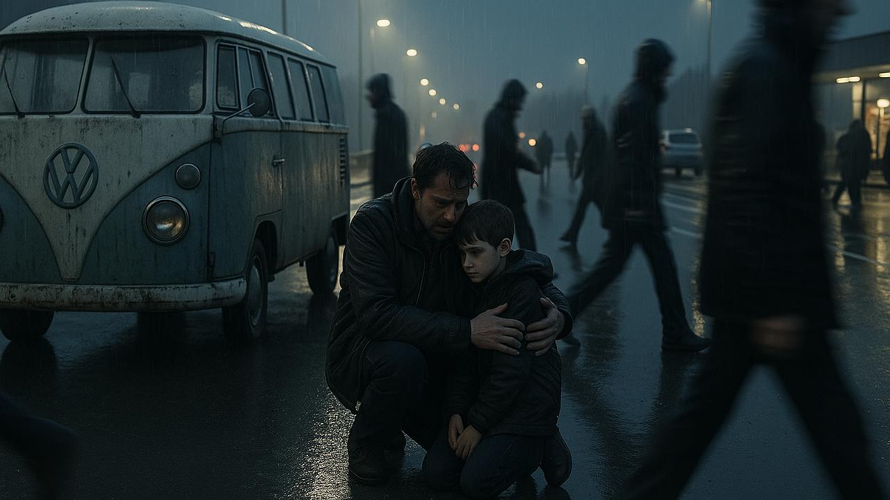 Autobahnraststätte: verzweifelten Mann und seinem Sohn neben einem alten VW-Bully