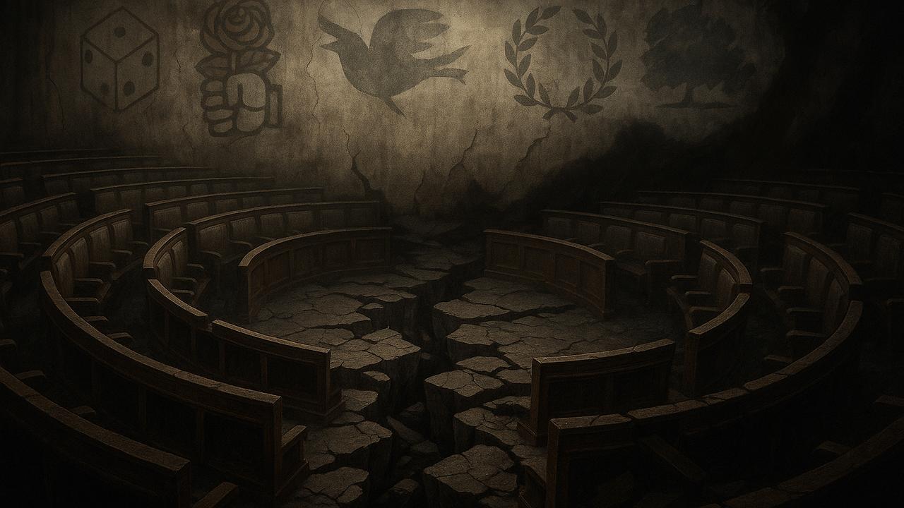 Ein symbolisches Bild einer zerfallenden politischen Institution mit verblassenden Parteisymbolen im Hintergrund, einem aufbrechenden Raster aus Parlamentsbänken und dunklen Schatten, die einen tieferen kulturellen und politischen Umbruch andeuten, Stimmun