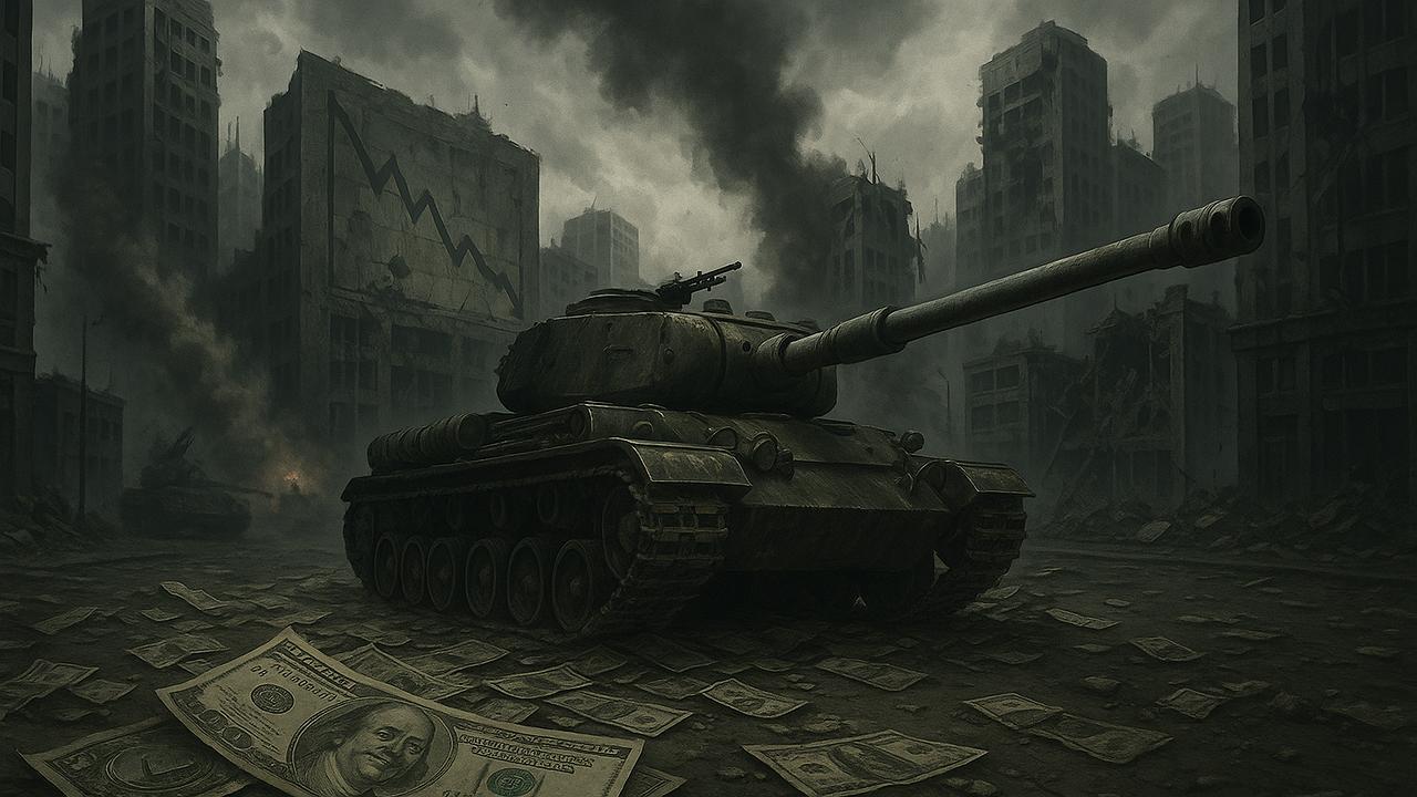 Ein düsteres Szenario mit Symbolen der Kriegswirtschaft wie Panzer, Geldscheine und zerfallende Märkte im Hintergrund, in einem urbanen Setting bei grauem Himmel, das die destruktive Wirkung auf Wohlstand zeigt, 16:9, Querformat, ohne Text/Schrift/Logos