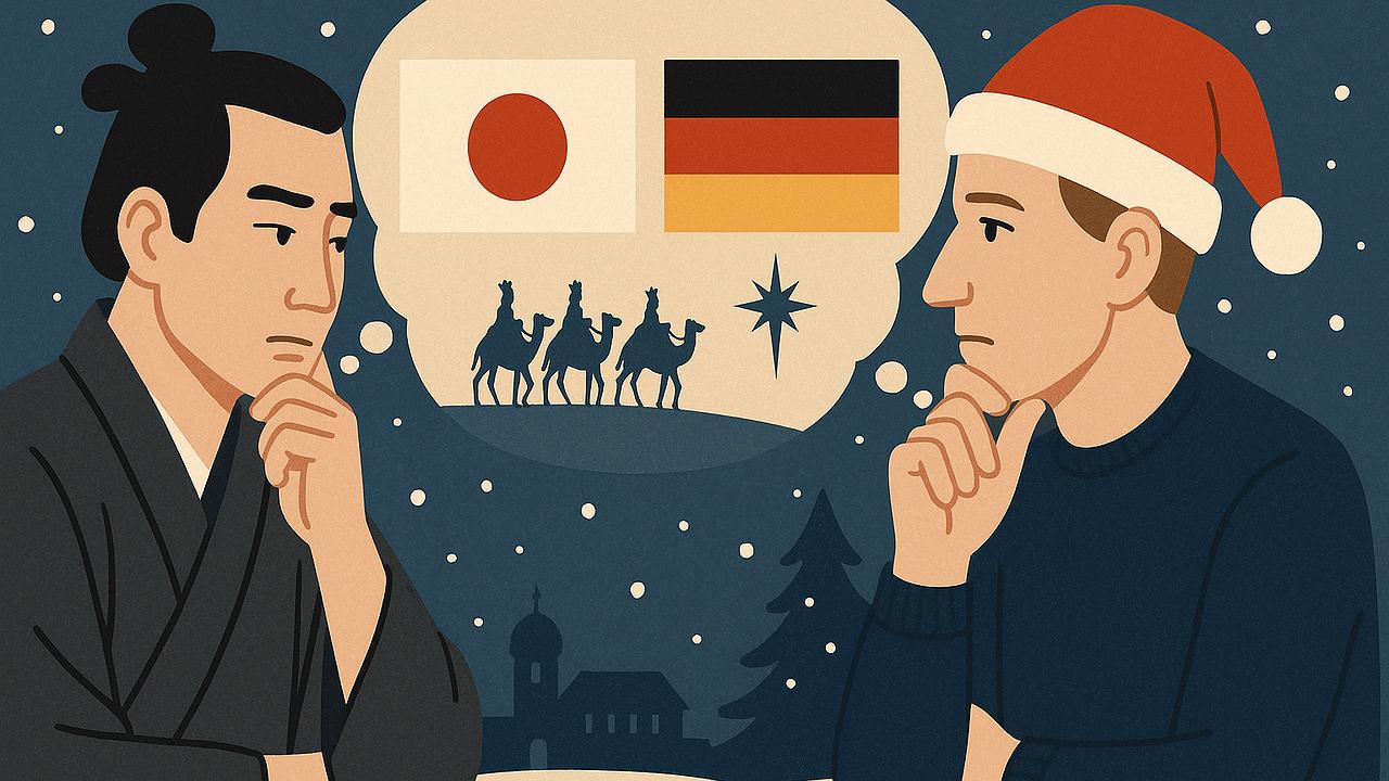 Japanische und deutsche Kultur vereinigt, winterliche Weihnachtsstimmung
