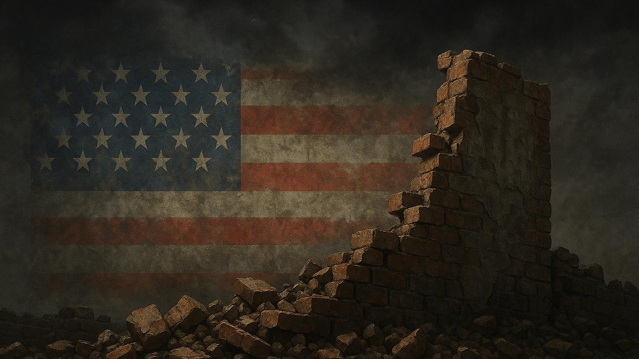 Ein symbolisches Bild eines zerfallenden Mauerwerks mit einer stilisierten westlichen Flagge, die teilweise verblasst, im Hintergrund ein düsterer Himmel, der Wandel und Konflikt symbolisiert, 16:9, Querformat, ohne Text/Schrift/Logos.