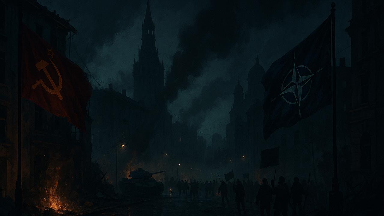 Ein düsteres Stadtbild bei Nacht mit Symbolen von politischer Spannung und Konflikt, stilisiert und atmosphärisch, 16:9, Querformat, ohne Text/Schrift/Logos