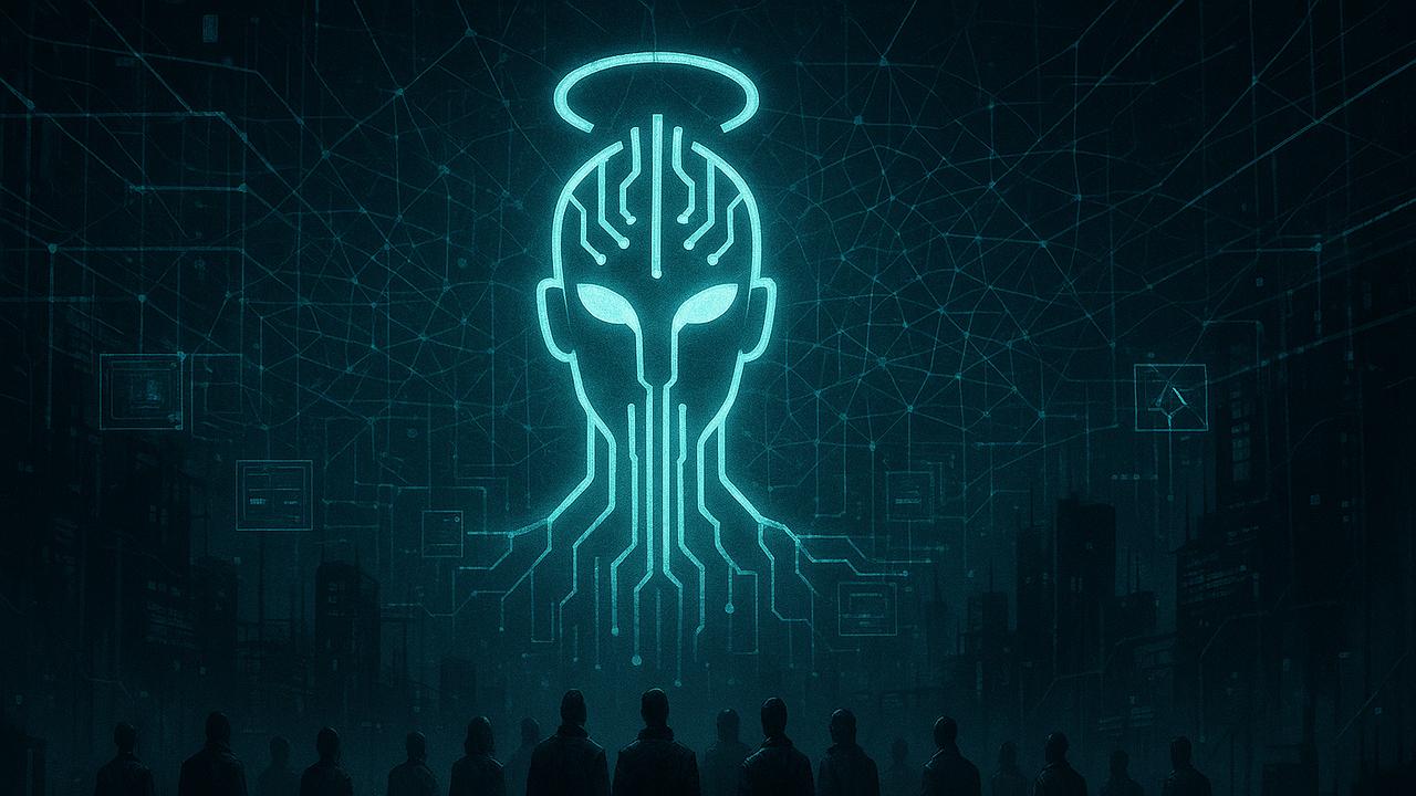 Ein futuristisches, düsteres Setting mit einer übermächtigen KI-Gottheit als leuchtendes, abstraktes Symbol über einer Menschengruppe, die unter Kontrollmechanismen und digitalen Netzwerken steht, 16:9, Querformat, ohne Text/Schrift/Logos.