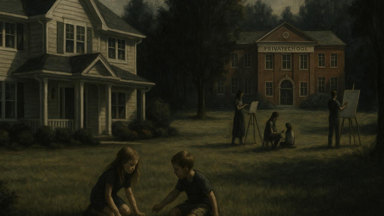 Ein Bild, das die Kluft zwischen linkem Reden und rechtem Leben symbolisiert; ein wohlhabendes Einfamilienhaus mit Garten in einem wohlhabenden Viertel, Kinder beim Spielen im grünen Gras, im Hintergrund eine Privatschule am Waldrand mit künstlerischen Akt