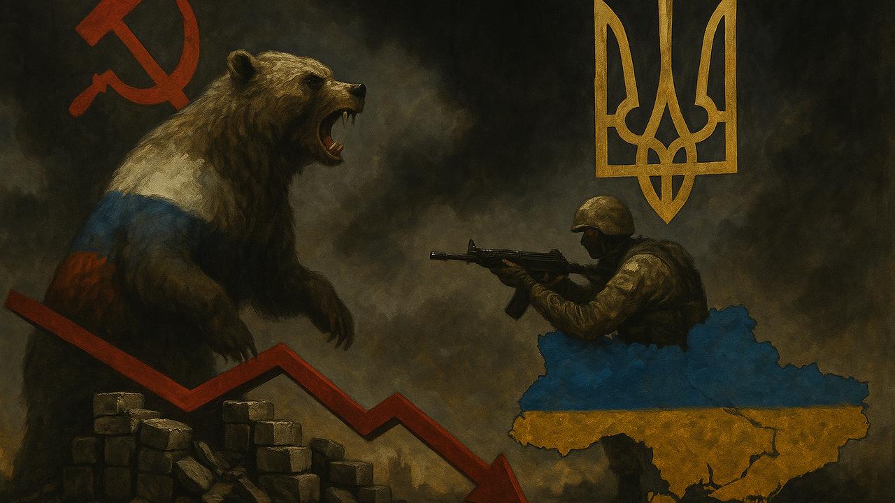 Ein symbolisches Bild von Russland und der Ukraine im Konflikt, das die historische Dimension und wirtschaftliche Umbrüche seit den 1990er Jahren illustriert, mit politischen Symbolen und einem düsteren Hintergrund, 16:9, Querformat, ohne Text/Schrift/Logo