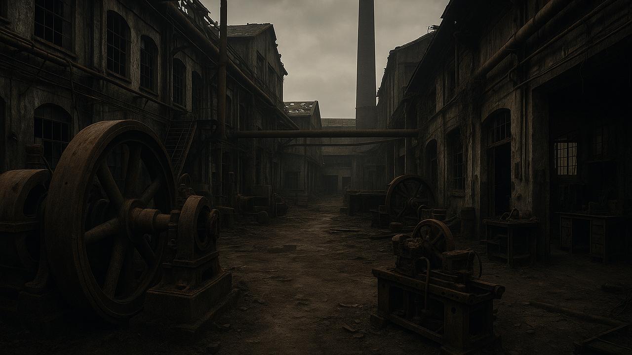 Traditionelle deutsche Industrieanlage im Niedergang, verlassene Maschinen und Werkstätten, düstere Stimmung symbolisierend wirtschaftlichen Verlust und technologisches Verschwinden, 16:9, Querformat, ohne Text/Schrift/Logos