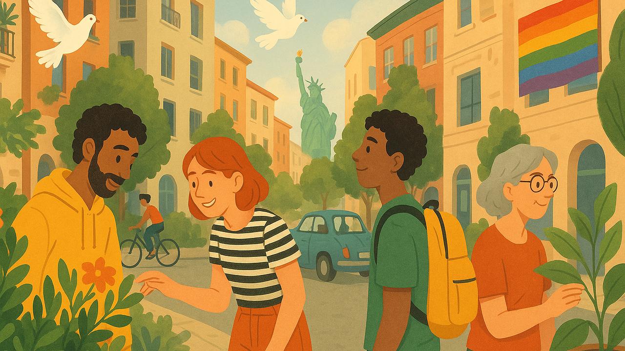 Ein lebendiger urbaner Spaziergang mit verschiedenen Symbolen der Freiheit und Interesse am Alltag, Menschen beobachten Pflanzen, Architektur und Autos, friedliche Atmosphäre, fröhlich und entspannt, 16:9, Querformat, ohne Text/Schrift/Logos.