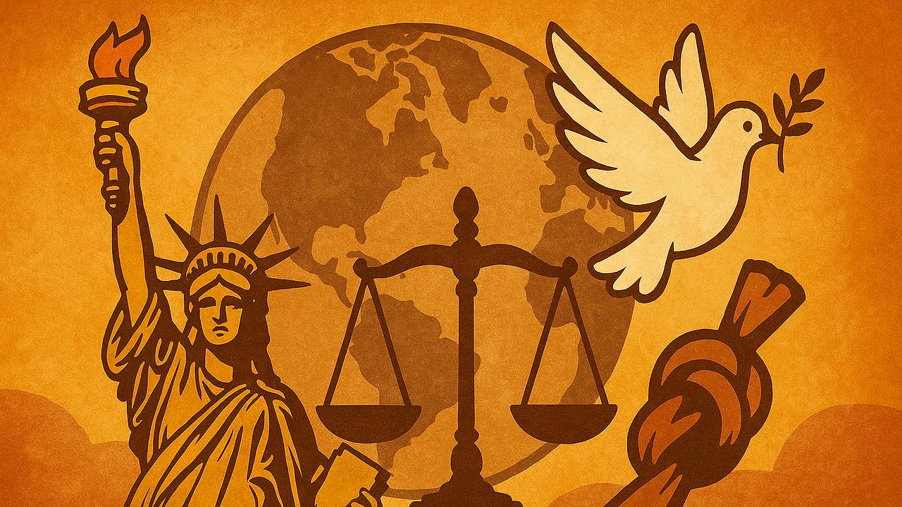 Ein symbolisches Bild des 10. Dezember als Tag der Freiheit und Menschenrechte mit Symbolen wie der Freiheitsstatue, einer Waage der Gerechtigkeit, einem verknoteten Band als Zeichen von Konflikt, einer Friedens-Taube und einem Globus im Hintergrund, in wa