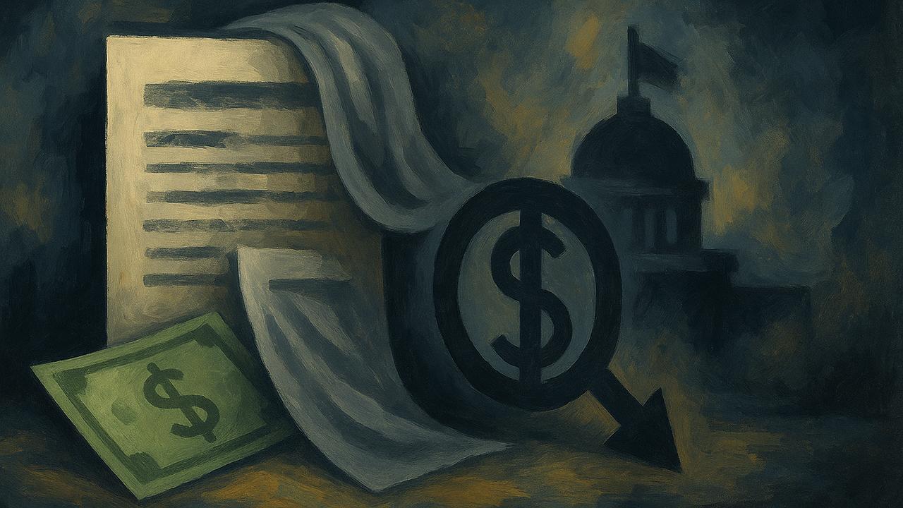 Ein abstraktes Bild mit Symbolen für Staatsverschuldung und euphemistische Sprache, wie verschleierte Dokumente und Geldscheine, in einem politischen Umfeld, unter düsterer aber nachdenklicher Stimmung, 16:9, Querformat, ohne Text/Schrift/Logos.