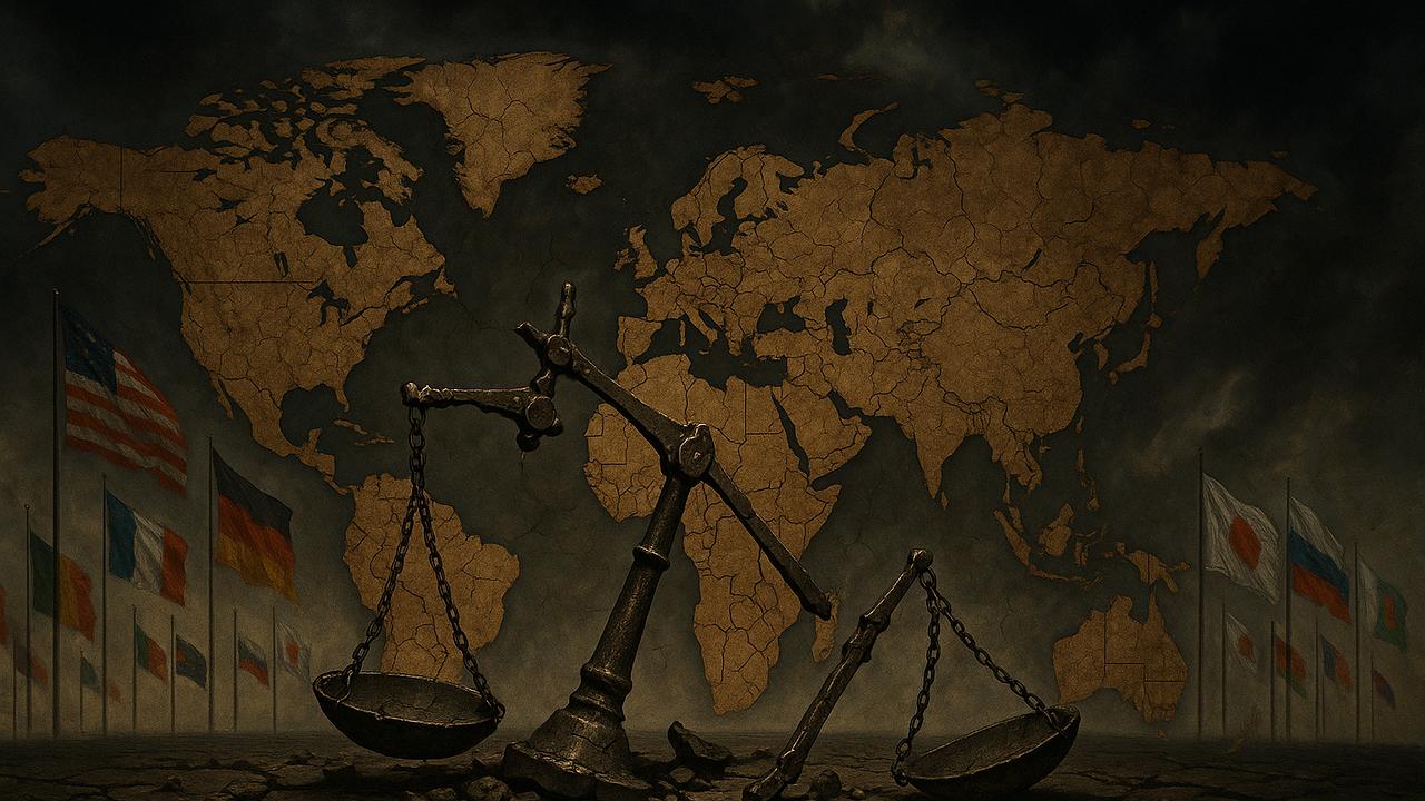 Ein symbolisches Bild einer zerfallenen Weltkarte mit zerbrochenen Waagen der Gerechtigkeit im Vordergrund, dunkle dramatische Wolken über internationalen Flaggen, 16:9, Querformat, ohne Text/Schrift/Logos