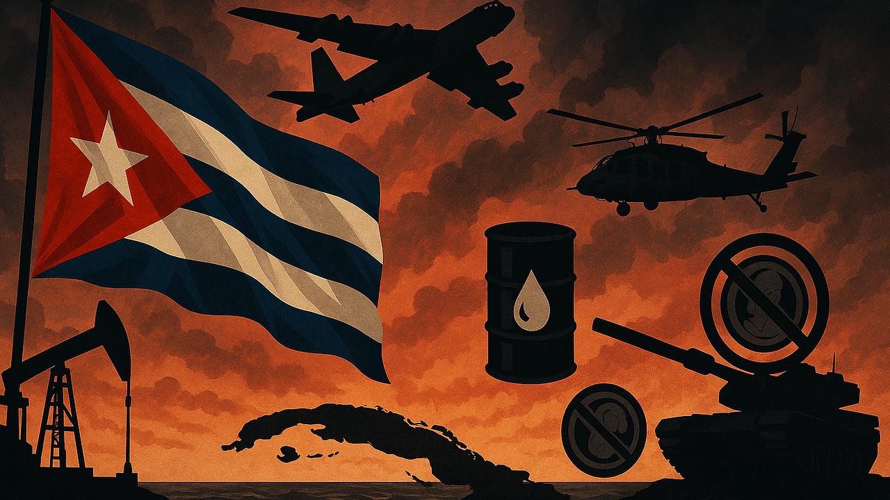 Ein symbolisches Bild eines politischen Konflikts in der Karibik, mit kubanischer Flagge im Vordergrund, US-amerikanischen Militärsymbolen als drohende Präsenz, wirtschaftlichen Symbolen wie Öl und Sanktionen, dramatischer Stimmung, 16:9, Querformat, ohne