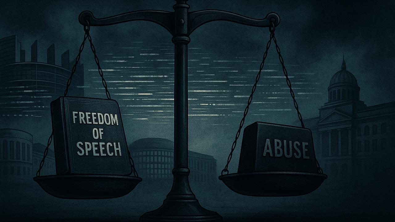 Ein symbolisches Bild mit einer Waage, die Meinungsfreiheit und Missbrauch gegeneinander abwägt, vor einem Hintergrund mit stilisierten EU-Gebäuden und digitalen Informationsströmen, düstere und nachdenkliche Stimmung, 16:9, Querformat, ohne Text/Schrift/L