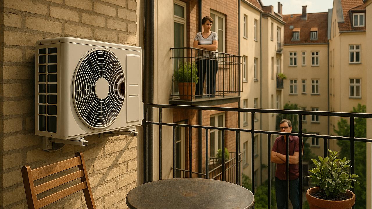 Klimaanlage: Außengerät an Balkon zwischen Nachbarwohnungen