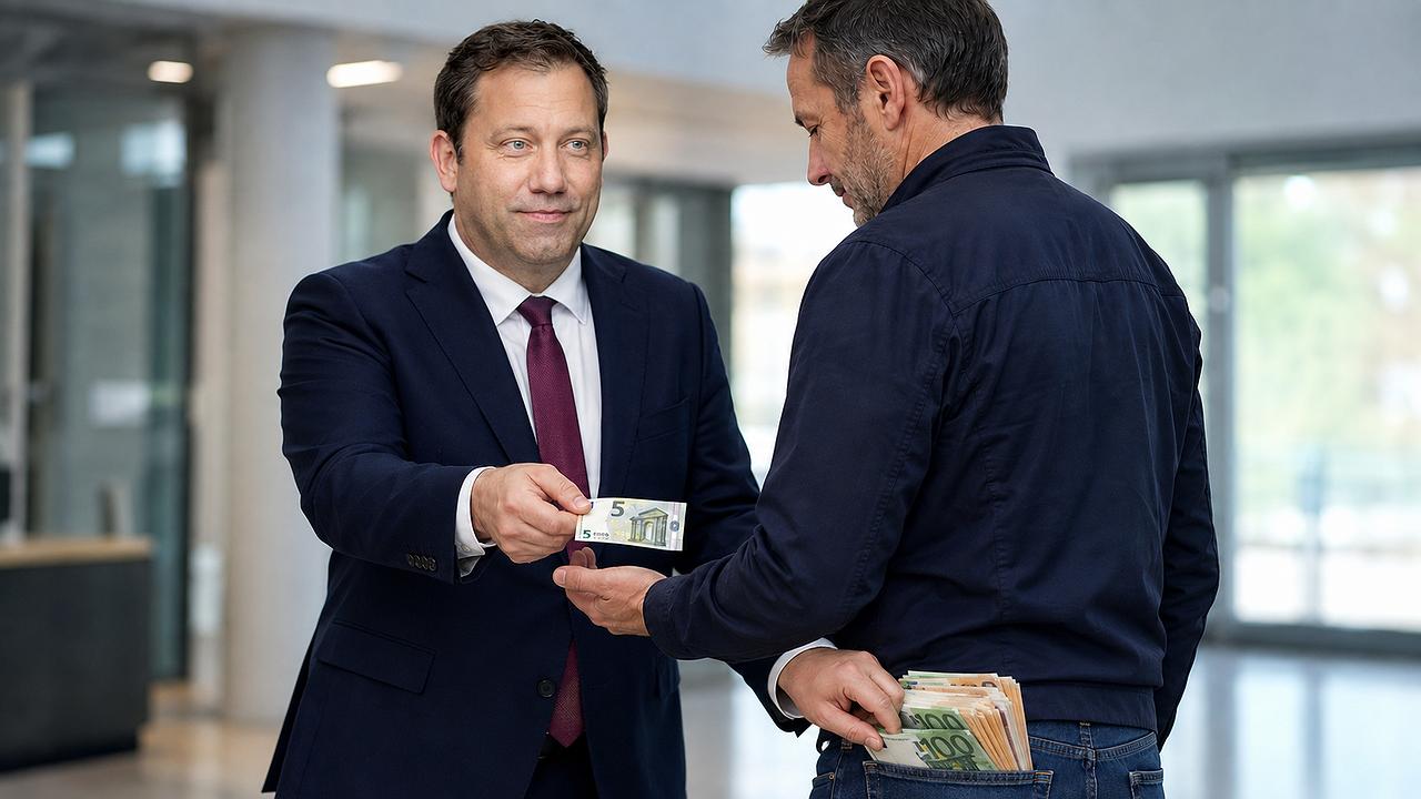 Vorne fünf Euro „Entlastung“, hinten der Griff zum großen Geld: Lars Klingbeils Verständnis staatlicher Großzügigkeit. (Satirebild)